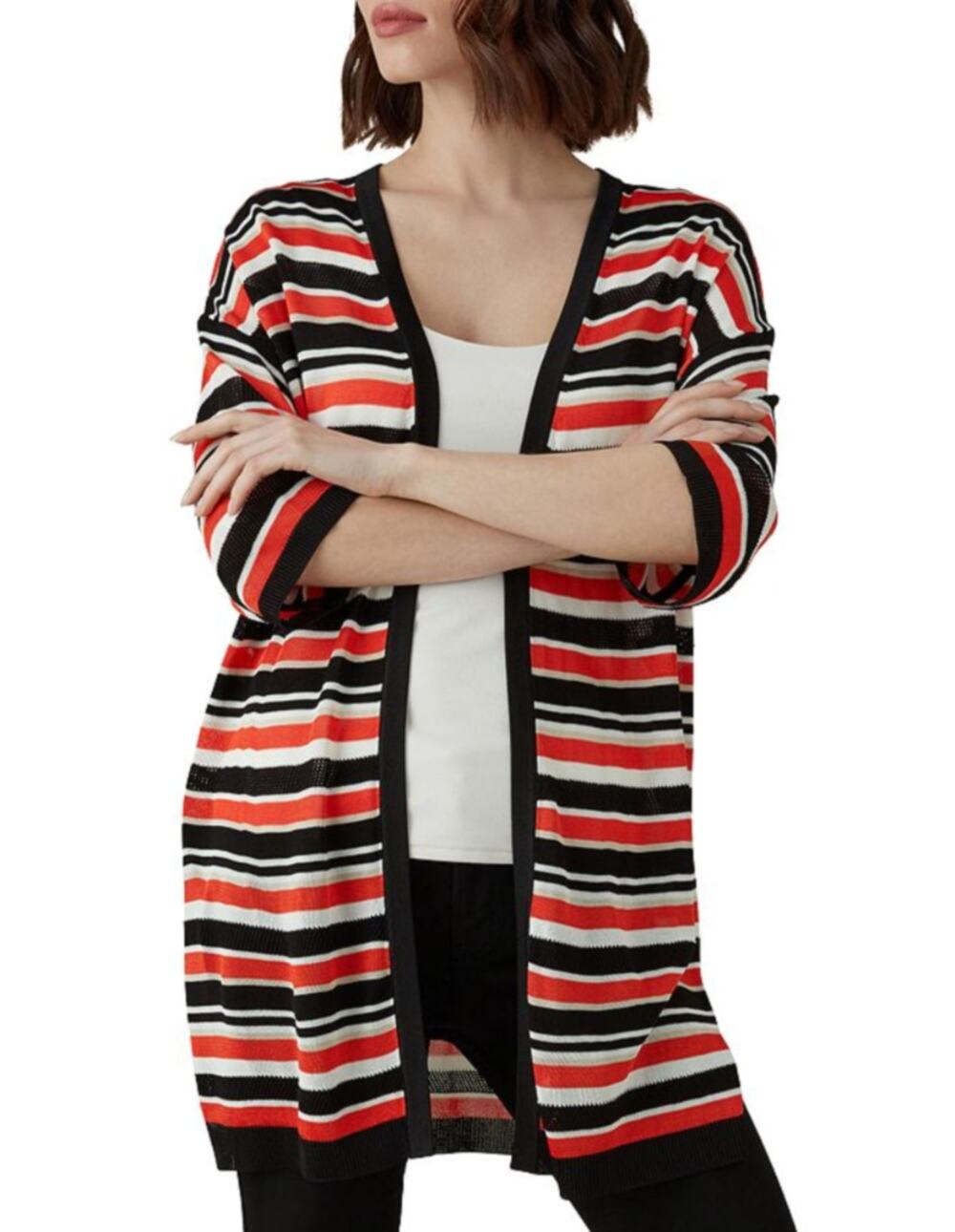 KAREN MILLEN Black Orange White Long Open Cardigan Stripe Side Slit Sz Medium M